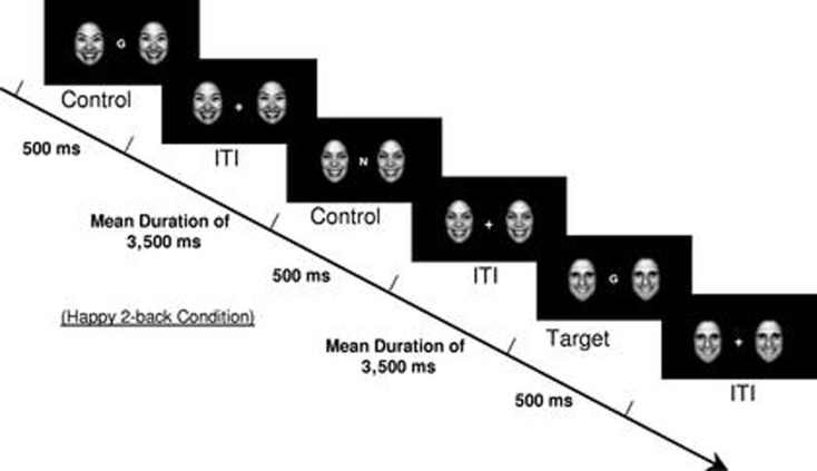 Example of a 2-back happy face distracter condition from the emotional faces n-back task. [Reproduced with permission from Ladouceur et al. (34)].