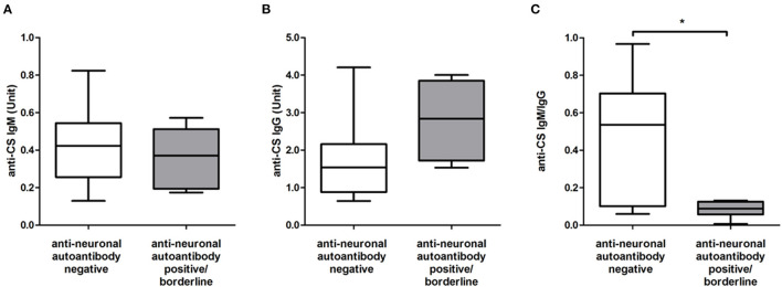 The level of anti-citrate synthase (CS) IgM (A), IgG (B), and autoantibodies and their ratio (C) in patients with positive/borderline (n = 8) and negative (n = 14) results for anti-neuronal autoantibodies. The boxes show interquartile ranges (IQR); the horizontal lines represent medians and the whiskers indicate the lowest and highest values. *p < 0.05.