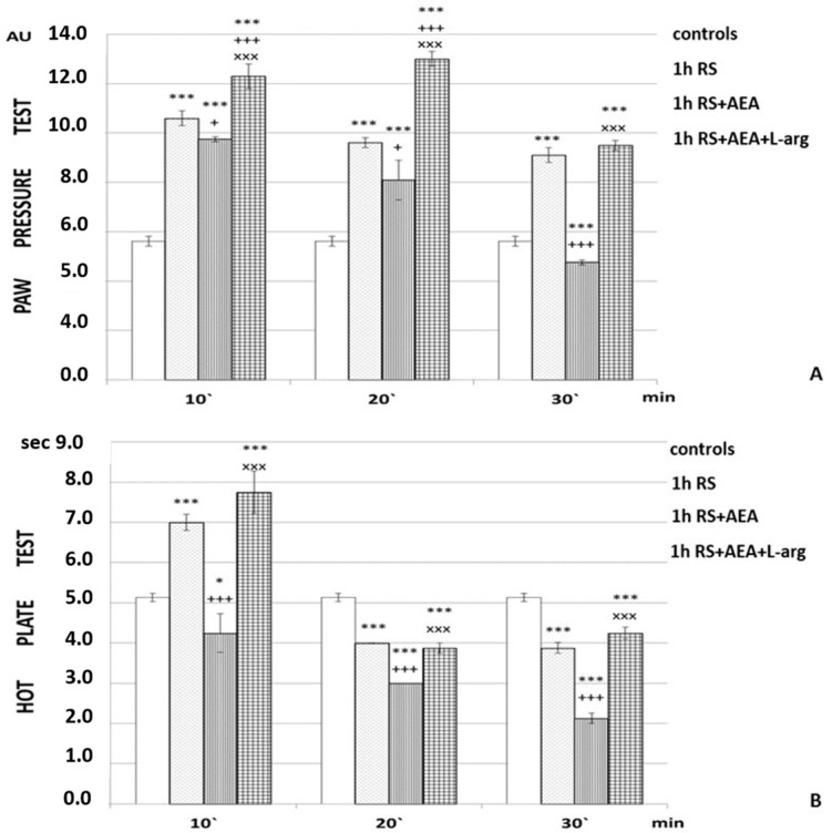 Effects of AEA and L-arg on r-SIA estimated by (A) PP test and (B) HP test after 1 h of restraint (1 h RS) in rats. The mean values ± SEM are presented. *** p < 0.001, * p < 0.05 vs. control; +++ p < 0.001, + p < 0.05 vs. RS; xxx p < 0.001 vs. RS + AEA; +++ p < 0.001 (F = 37.8692 at the 10th min; F = 302.4439 at the 20th min); 1 h RS + AEA group (F = 161.55249 at the 10th min; F = 609.1875 at the 20th min).