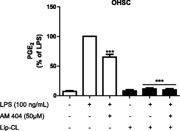 AM404 reduces LPS-induced PGE2 release in OHSC, and this effect is mediated by microglial cells. In wild-type OHSC (OHSC WT, white bars) and microglia-depleted OHSC (OHSC LIP-CL, black bars), AM404 was added 30 min before stimulating with LPS and the amount of PGE2 in the culture medium was determined after 24 h using an enzyme immunoassay. Each column and error bar represents the mean ± SEM of four OHSC/group (six slices/well). *p < 0.05, **p < 0.01, and ***p < 0.001 with respect to LPS (one-way ANOVA followed by the Newman-Keuls post-test)