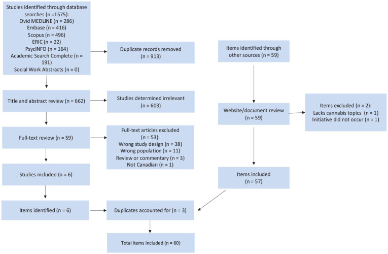 PRISMA-ScR diagram of literature search review and environmental scan with inclusion process (Tricco et al., 2018).