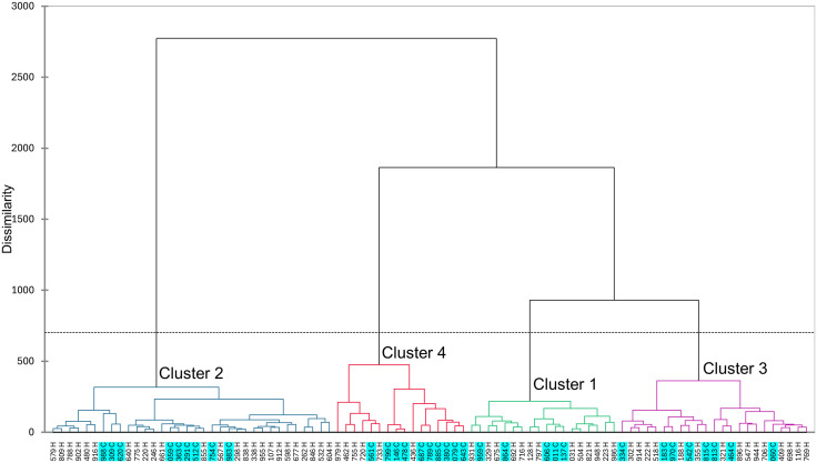 Agglomerative Hierarchical Clustering of type III and type I (blue highlight) samples based on sensory attributes.