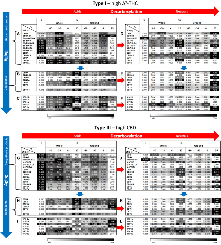 Comparison of full phytocannabinoid (CNB) profiles of whole and ground Type I and III Cannabis inflorescences after 1 year of storage at different temperatures. Phytocannabinoids were identified and quantified by ESI-LC/MS at the initial time and after 12 months of storage (t0 and t12, respectively). Phytocannabinoids are arranged according to biosynthesis (A,G for Type I and III chemovars, respectively) and degradation products (B–F,H–L for Type I and III chemovars, respectively). Red and blue arrows indicate decarboxylation and aging pathways, respectively. Data are reported as mean phytocannabinoid concentrations (n = 3, %w/w). Absolute concentrations were color coded relative to the maximum value for each compound. Supplementary Tables S4–S6, S7–S9 summarize statistical significant differences for the effects of time, temperature, and grinding for Types I and III, respectively.