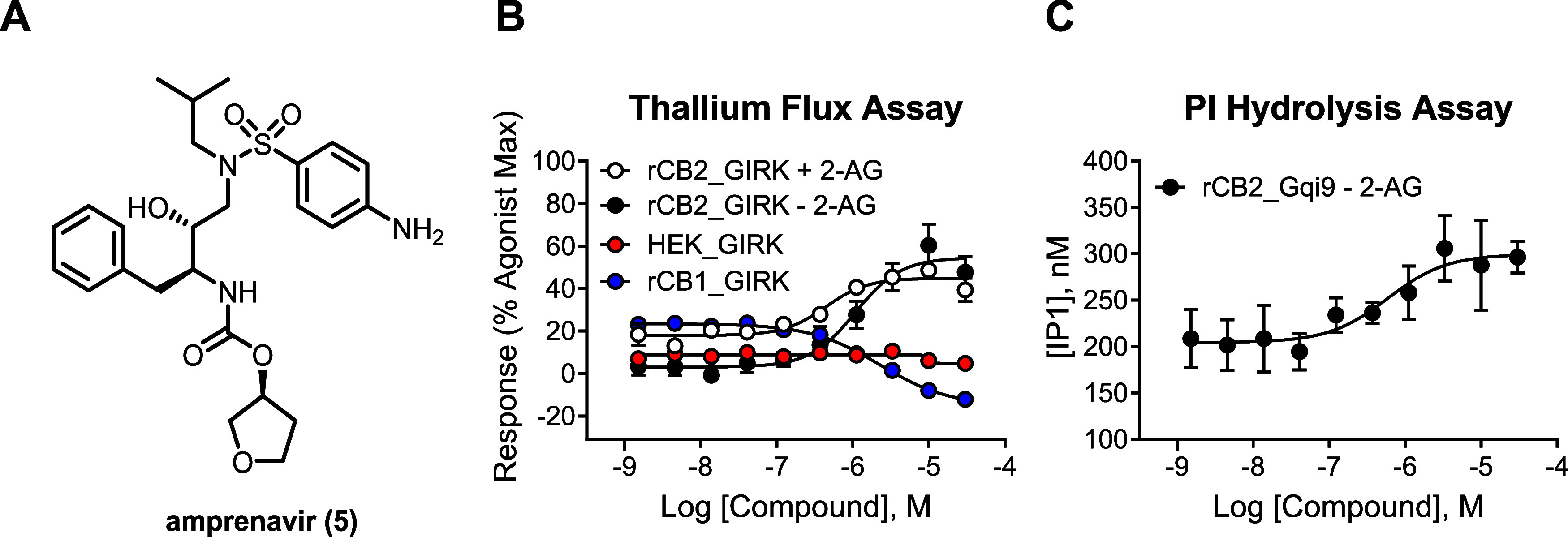 Chemical structure (A), thallium flux (B), and (C) PI hydrolysis data for amprenavir (5). For thallium flux, data represent the compound profile in rat CB2/GIRK cells run in the presence (white circles) and absence (black circles) of a submaximal concentration of 2-AG. No significant response was noted in non-CB2-expressing HEK cells (red circles). Amprenavir (5) does not activate rCB1 and appears to function as a weak inhibitor in this cell line (blue circles). For PI hydrolysis, data represent compound in rat CB2/Gqi9 cells run in the absence (black circles) of a submaximal concentration of 2-AG.