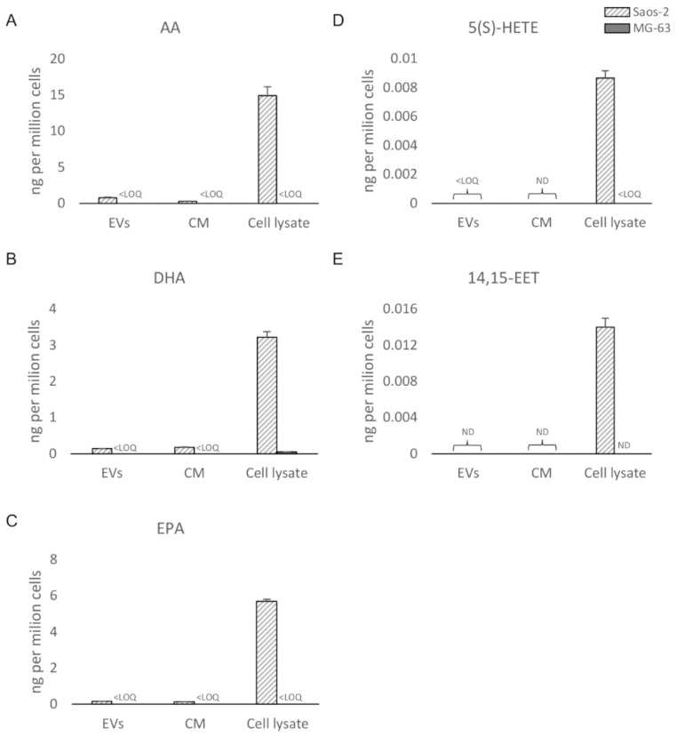UHPLC-MS/MS quantitation (ND = not detectable; LOQ = limit of quantitation) in EVs, CM, and cell lysate from Saos-2 and MG-63 cell lines of (A) arachidonoyl acid (AA); (B) Docosahexaenoic acid (DHA); (C) eicosapentaenoyl acid (EPA); (D) 5-hydroxyeicosatetraenoic acid (5(S)-HETE; (E) (±)14(15)-epoxyeicosatrienoic acid (14,15-EET).