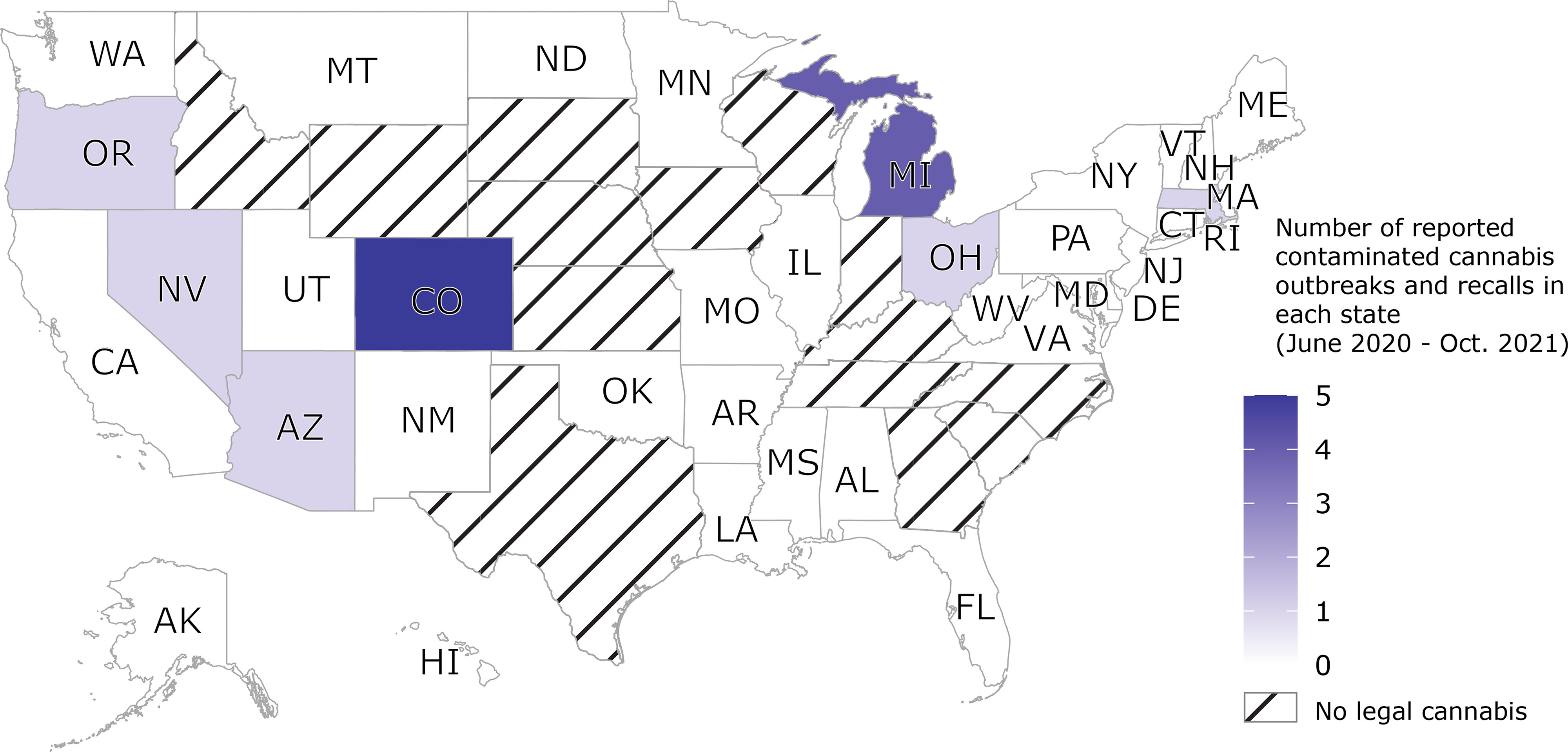 Figure 5 is a map of the United States, depicting the number of reported incidents of contaminated cannabis outbreaks between 1 June 2020 and 31 October 2021. A color scale depicting the number of reported contaminated cannabis outbreaks (June 2020 to Oct. 2021) ranging from 0 to 5 in unit increments.
