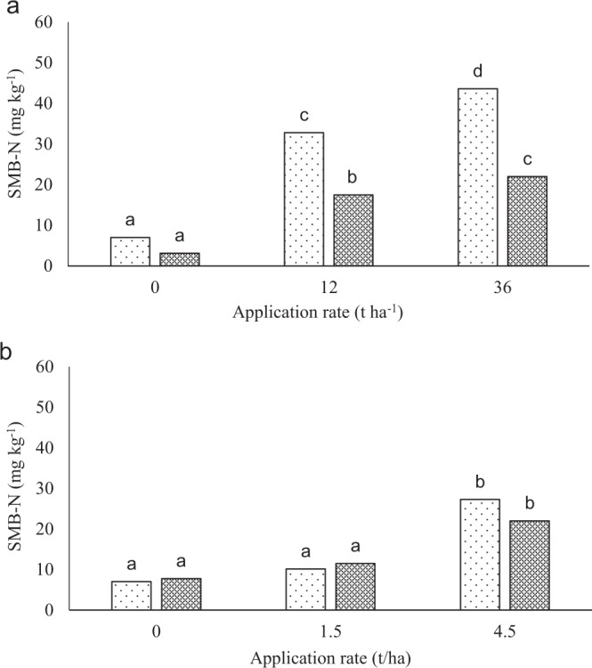 Soil microbial biomass nitrogen at different application rates of lime at 112 days of incubation. Figure A and B indicates Eston and Eshowe soil, respectively. Lime was applied at a rates of 0, 12 and 36 t ha−1 and 0, 1.5 and 4.5 t ha−1 at different depth of 0–10 and 10–20 cm for Eston and Eshowe, respectively. The white dotted bars and black hatched bars represents 0–10 and 10–20 cm depth, respectively. Bars with same letters are not significantly different.