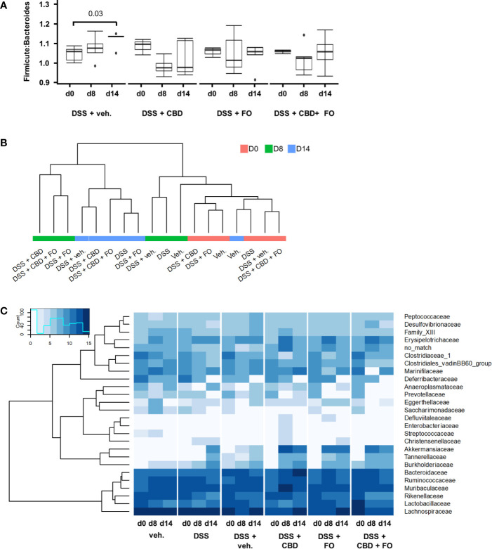 Effect of fish oil (20 mg/mouse) and CBD (1 mg/kg), both alone and in combination, both at day 8 and day 14, on microbiota in faecal samples collected from DSS-treated mice belonging to the same treatment groups as – (Experiment 3). (A) Firmicutes:Bacteroidetes ratio. Wilcoxon P-values for pairwise comparisons are displayed above brackets. (B) Hierarchical clustering of treatment groups using CSS-normalized bacterial family counts. (C) Heat map and hierarchical clustering of family composition using CSS-normalized bacterial counts.