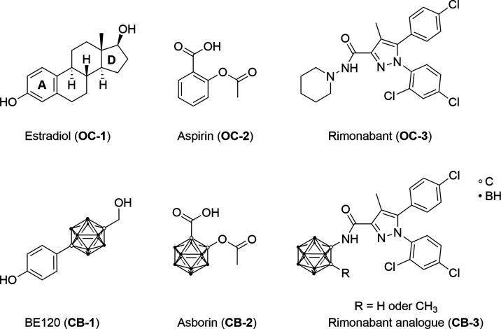 Carborane-based drug mimetics. Organic synthetic drugs OC-1–OC-3 and corresponding carborane analogues CB-1–CB-3.62−64