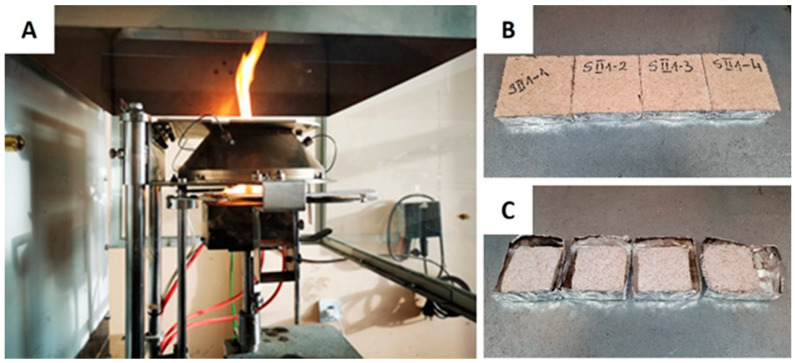 Cone calorimeter test procedure (A) and mycelium biocomposite with birch sanding dust substrate before (B) and after (C) burning.