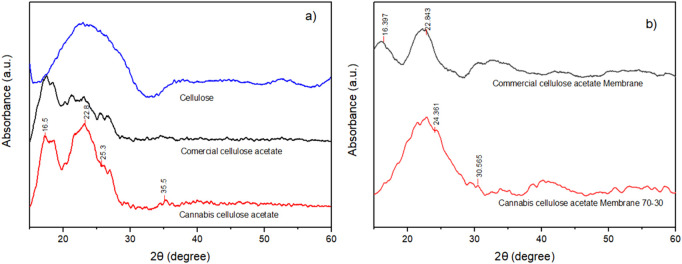 XRD patterns of (a) native Cannabis sativa cellulose, synthesized cellulose acetate, and commercial cellulose acetate, and (b) electrospun membranes produced from cannabis-derived and commercial cellulose acetate.