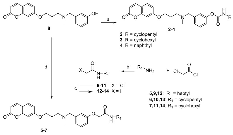 Synthesis of compounds 2–7. Reagents and conditions: (a) RNCO, NaH, toluene, rt, 24 h; (b) K2CO3, acetone, reflux, 10 h; (c) NaI, MeCOEt, reflux; 3 h; (d) 12–14, K2CO3, acetone, reflux, 24 h.