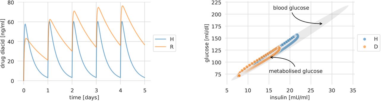 Drug concentration for healthy individuals and patients with renal impairments (left). Glucose metabolised by insulin in healthy and diabetic individuals (right).