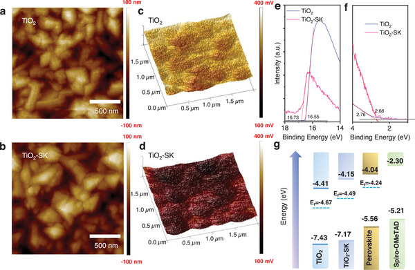 a,b) Atomic force microscopy (AFM) images of the TiO2 and TiO2‐SK ETL substrates. c,d) Kelvin probe force microscopy (KPFM) tests of the TiO2 and TiO2‐SK ETL substrates (scanning area: 2 µm ×2 µm). e,f) Ultraviolet photoelectron spectroscopy (UPS) tests of the TiO2 and TiO2‐SK ETL substrates. g) Energy level alignments of the different layers in perovskite solar cells (PSCs).