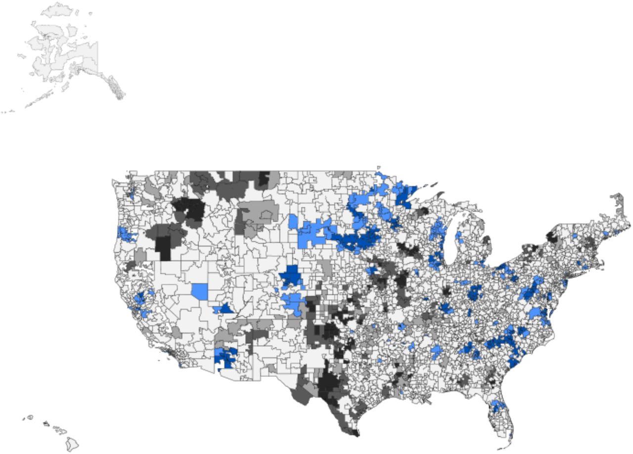 Geographic distribution of AI implementation hotspots and coldspots across U.S. hospital service areas.Hotspots (blue) indicate areas of significantly higher AI adoption, and coldspots (black) indicate areas of significantly lower adoption, based on Getis-Ord Gi* statistics. Results shown here are unadjusted