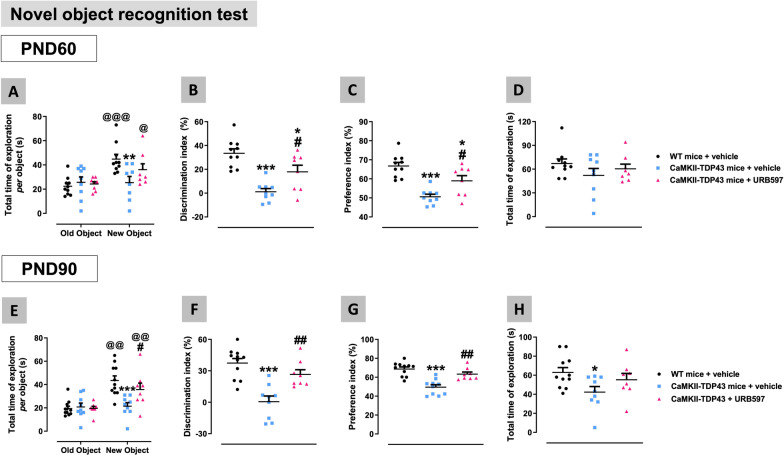 Behavioural data obtained in FTD and wildtype male mice at two different ages (PND60 (panels A–D) and PND90 (panels E–H)) in the Novel Object Recognition test after a chronic treatment with URB597 or vehicle. Details in the text. Data were expressed as means ± SEM and were analysed by one-way or two-way, as required, analysis of variance followed by the Bonferroni test (*p < 0.05, **p < 0.01, ***p < 0.005 versus wildtype mice treated with vehicle for each age; #p < 0.05, ##p < 0.01 versus FTD mice treated with vehicle for each age; @p < 0.05, @@p < 0.01, @@@p < 0.005 versus the same genotype and treatment for the exploration of the old object)