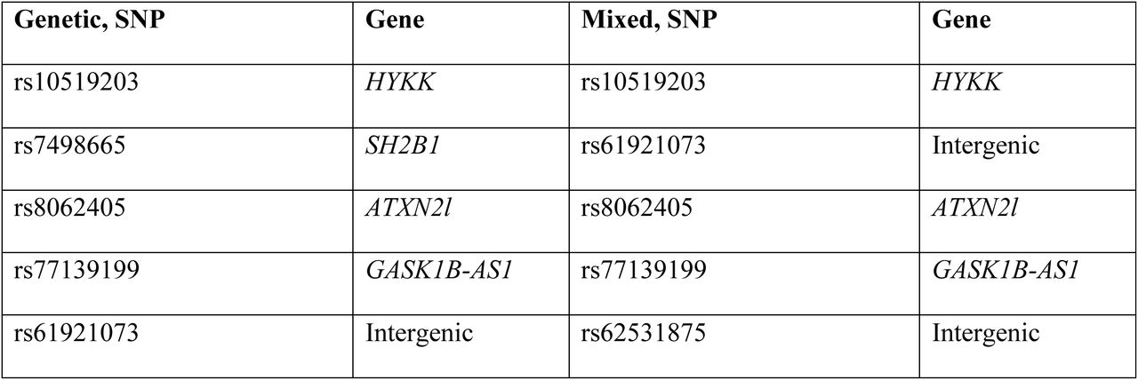 Table of the SNPs with the highest feature importance for the genetic, and mixed pneumonia linear models