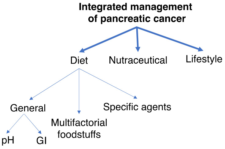 Plan of review aiming at integrated management of pancreatic cancer. Three main complementary approaches are considered—diet, nutraceutical supplements and lifestyle. In turn ‘diet’ is divided into general conditioning factors, mainly acidity (pH) and glycemic index (GI), multifactorial foodstuffs and specific agents (active ingredients).