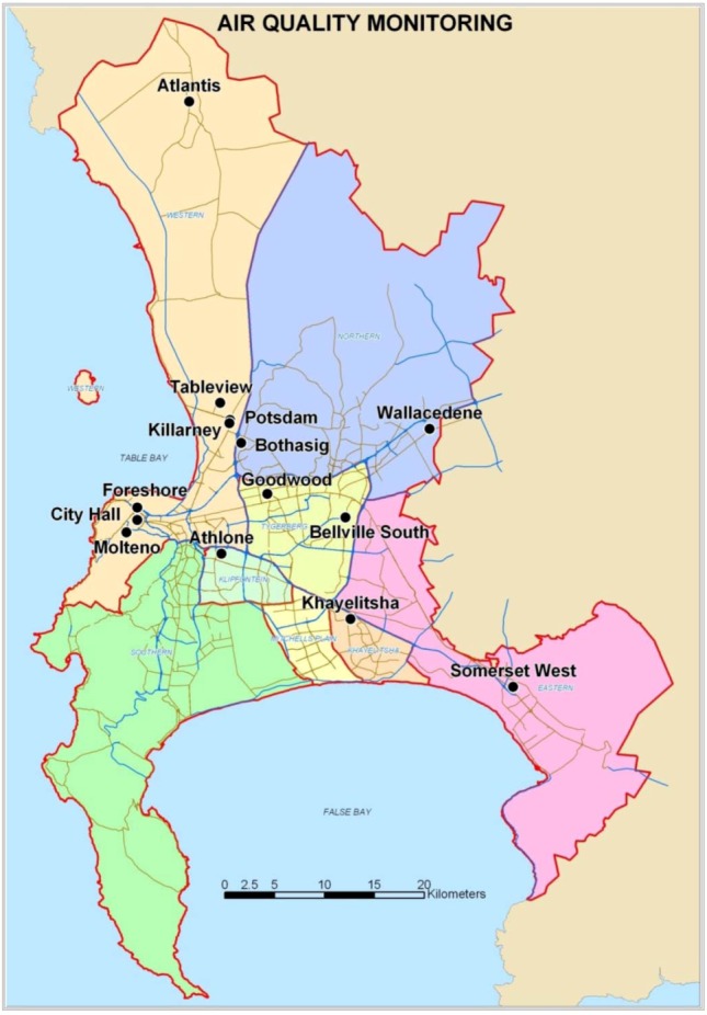 Map of the air quality monitoring network in Cape Town, South Africa during 2012 [4].