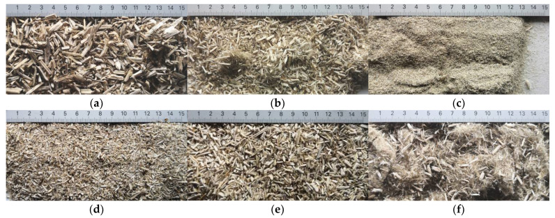 (a) HS before processing; (b) HS after milling; (c) HS particle size less than 0.5 mm; (d) HS-1 particle size range (0.5–2 mm); (e) HS-2 particle size range (2–5.6 mm); (f) MHF particle sizes over 5.6 mm.
