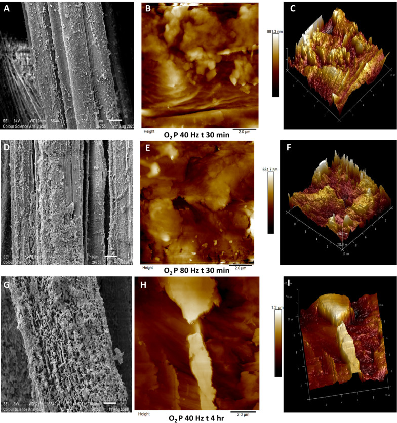 Scanning electron micrographs (×1200) and AFM (10 mm × 10 μm) scans of untreated hemp fibers and pretreated fibers using oxygen gas plasma [A–C: SEM and AFM micrographs of fibers oxygen plasma-treated for 30 min at 40 Hz power with their 3D projection, D–F: SEM and AFM micrographs of fibers oxygen plasma-treated for 30 min at 80 Hz power with their 3D projection, and G–I: SEM and AFM micrographs of fibers oxygen plasma-treated for 4 h at 40 Hz power with their 3D projection].