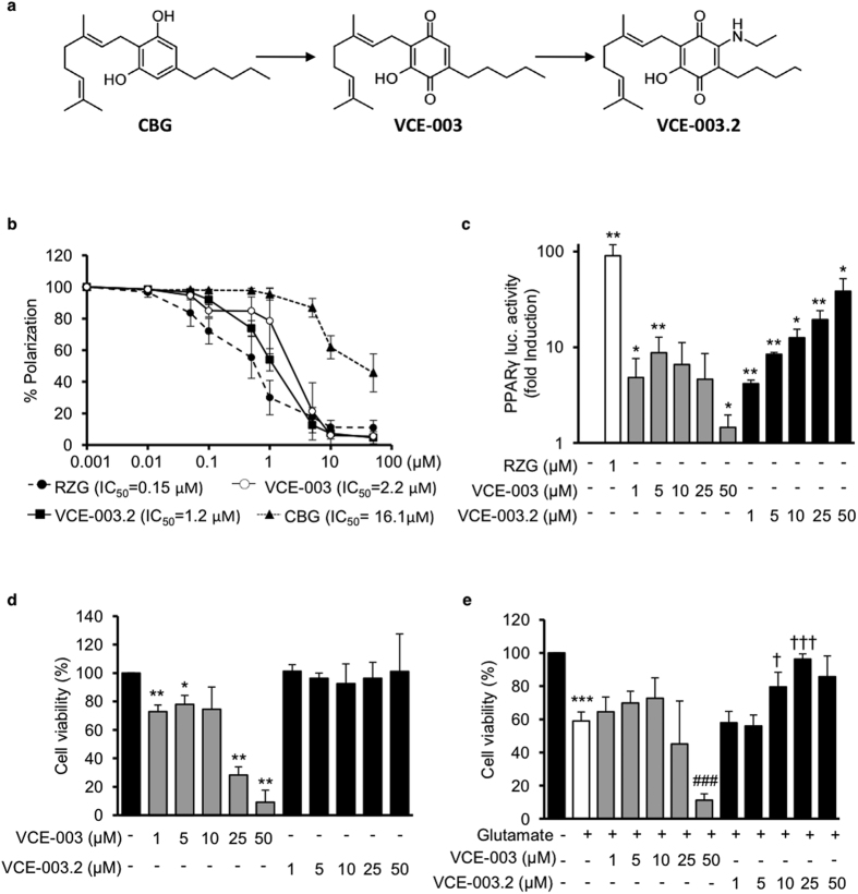 VCE-003.2 synthesis and characterization.(a) Schematic representation of VCE-003.2 synthesis. (b) PPARγ binding affinities of rosiglitazone (RZG), cannabigerol (CBG), VCE-003 and VCE-003.2 were measured by using a ligand competition assay. The indicated concentrations were tested and results were plotted to obtain the polynomial trend on a logarithmic range. IC50 values are indicated within the graph. (c) Effect of VCE-003 and VCE-003.2 on PPARγ transcriptional activity. HEK293 cells were co-transfected with GAL4-PPARγ and GAL4-luc and incubated with the indicated compound concentrations for 6 hours prior to luciferase activity determination. Results are expressed as the fold induction ± S.D. relative to untreated control. (d) N2a cells were incubated with VCE-003 and VCE-003.2 as indicated during 24 hours and cell viability was determined by the MTT assay. Results are expressed as percentage of cell viability against the negative control (100%). (e) N2a cells were pre-treated with the compounds for 30 min and incubated during 24 h with 15 mM glutamate and cell viability determined by MTT. Results are expressed as percentage of cell viability against the negative control (100%). All experiments are shown as mean ± S.D. from at least three independent experiments. Statistics: *,#,†p < 0.05, **,##,††p < 0.01 and ***,###p < 0.001.