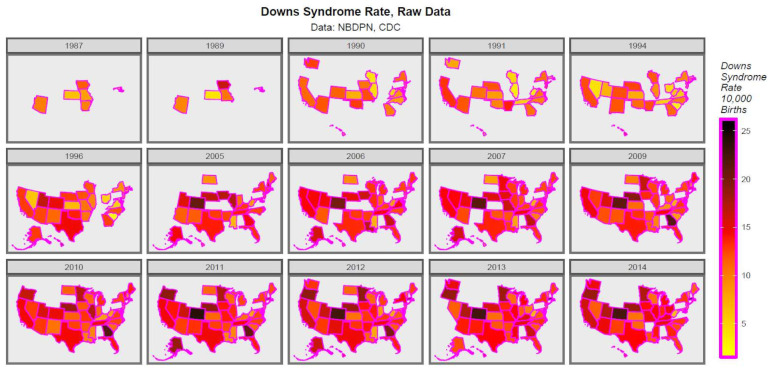Map-graph of raw Down syndrome rates across USA 1987–2014.