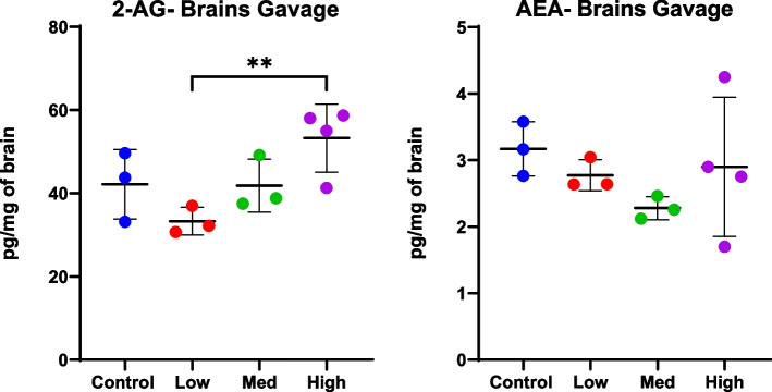 Levels of the eCBs 2-AG and AEA in brains of animals orally dosed with Cannabis extract by gavage. Mass spectrometry was used to quantitate eCBs in brains and plasma of mice at study end. Mice received either vehicle control or crude Cannabis extract by gavage at the following doses of CBD and THC, respectively: 10 and 0.240 mg/kg/day (low), 20 and 0.480 mg/kg/day (medium), or 50 and 1.2 mg/kg/day (high). See also Table 1. High doses resulted in lower AEA but were variable and did not reach significance