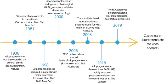 Timeline of allopregnanolone from its discovery to FDA preapproval for the treatment of mood disorders. Beall and Reichstein discovered allopregnanolone in 1938 in the adrenal glandswhere 5α-reductase metabolizes progesterone into 5α-dihydroprogesterone and then the enzyme 3α-hydroxysteroid dehydrogenase produces allopregnanolone (Beall and Reichstein, 1938). In 1981, Baulieu’s team discovered that the brain “acting like a peripheral gland” synthetize allopregnanolone de novo starting from pregnenolone, the precursor of all neurosteroids (Corpéchot et al., 1981). Allopregnanolone’s pharmacological effects following its administration in animal models and humans are mediated by the fast allosteric modulation of the action of GABA at GABAA receptors (Majewska et al., 1986; reviewed in Belelli et al., 2009). The neurophysiological role of allopregnanolone in fine-tuning GABAA receptors to agonists, positive allosteric modulators, and GABAmimetic agents, was unveiled thereafter (Pinna et al., 2000). Allopregnanolone levels were found decreased in mood disorders, including major unipolar depression and PTSD (Romeo et al., 1998; Uzunova et al., 1998; Rasmusson et al., 2006, 2019).An animal model of stress-induced behavioral dysfunction, including fear extinction deficits and aggressive behavior associated with a corticolimbic allopregnanolone biosynthesis downregulation was proposed therein after (Pinna et al., 2008; Pibiri et al., 2008). More recently, phase 3 clinical trials have established the clinical relevance of allopregnanolone in mood disorders (Kanes S. J. et al., 2017; Meltzer-Brody et al., 2018). Intravenous allopregnanolone (brexanolone or SAGE-547) or an orally-active, allopregnanolone’s analog (SAGE-217), showed a rapid and long-lasting remission of post-partum depression and major depressive disorder symptoms, respectively. These successful clinical trials led to the FDA approval of brexanolone for the treatment of post-partum depression in March 2019 and encouraged the possible future clinical use of brexanolone or SAGE-217 for the treatment of mood disorders, including PTSD.