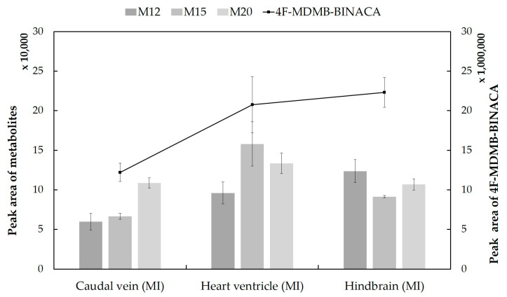 Detection profiles of the parent compound 4F-MDMB-BINACA and the three most abundant metabolites in microinjected ZF larvae (caudal vein, heart ventricle, and hindbrain). The most abundant metabolites (M12, M15, and M20) were formed by lactone formation, oxidative defluorination, and hydroxylation, respectively. The line chart represents the relative abundance of the parent compound, and three gray-colored clustered columns stand for its major metabolites. All data are displayed as mean ± standard deviation (SD) (n = 3).