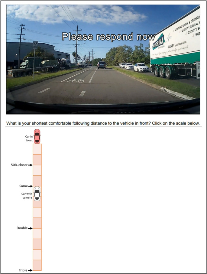 Screenshot from the Following Distance Test showing the final frame of a video clip and the response scale