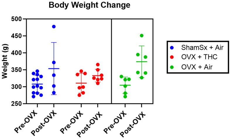 Body weights over time. Dot plots (mean line + SD) show body weights of ShamSx + Air (n = 5), OVX + THC (n = 7), and OVX + Air (n = 6) groups before surgery in grams. No significant difference between groups was found [F(2, 23) = 0.08476; p = 0.9190]. The right box and whisker plots show body weights of ShamSx + Air (n = 5), OVX + THC (n = 7), and OVX + Air (n = 6) groups at the end of the study in grams. No significant difference between groups was found [F(2, 15) = 1.113; p = 0.3542].