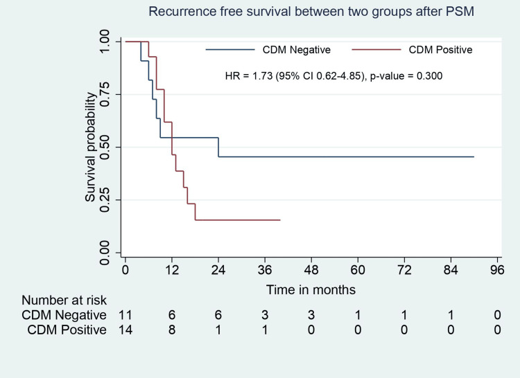 RFS analysis for CDM-negative and CDM-positive groups after PSM.RFS: recurrence-free survival; PSM: propensity score matching; CDM: cystic duct margin; CI: confidence interval; HR: hazard ratio