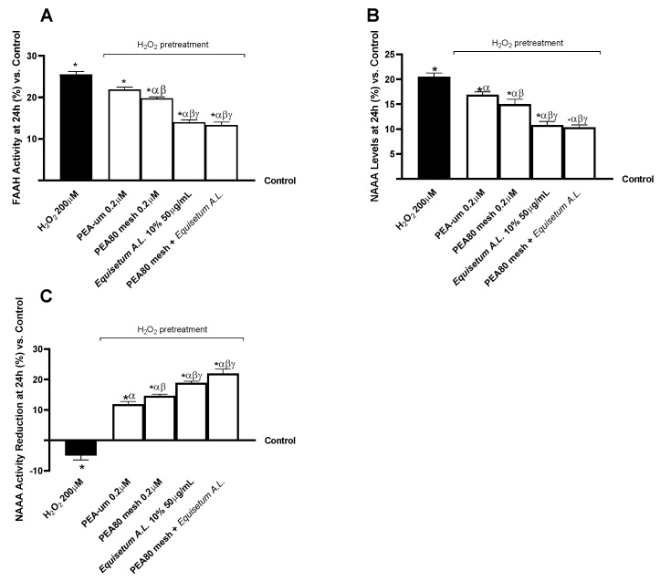 Analysis of biomarkers correlated with the intracellular metabolism of PEA on CCF-STTG1/SH-SY5Y co-culture after treatment for 24 h with test samples. (A) FAAH activity; (B) NAAA levels, obtained by ELISA kit; and (C) NAAA activity reduction with inhibitory probe. The results are expressed as mean ± SD (%) of 5 normalised biological replicates performed in triplicate vs. control (0% line). * p < 0.05 vs. control; α p < 0.05 vs. H2O2; β p < 0.05 vs. PEA-um 0.2μM; γ p < 0.05 vs. PEA80mesh 0.2 μM.