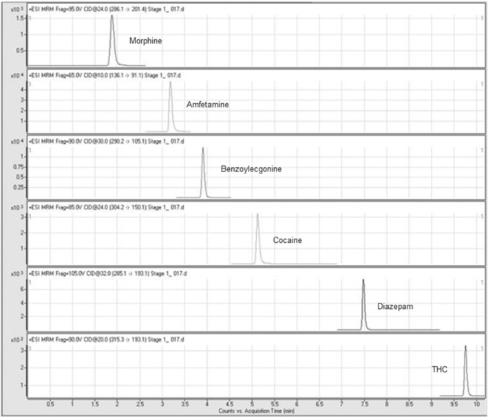 Representative chromatograms showing data obtained from the analysis of SOF spiked with a drug mix containing morphine, amfetamine, benzoylecgonine, cocaine, diazepam and THC each at 100 ng/ml