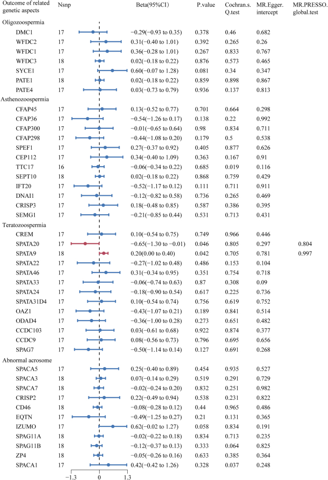 Forest plot of MR estimates between caffeine consumption and semen quality related genetic aspects. The figure showed the IVW estimates of significantly caffeine consumption-associated semen quality–related genetic aspects (SPATA20 and SPATA9). The dots represent the IVW estimates, and the bars represent the 95% confidence intervals of IVW estimates.