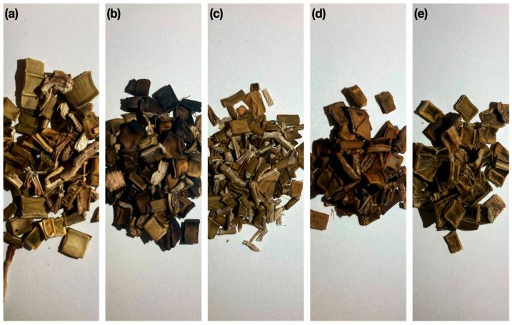 Visual appearance of the aggregate with each of the treatments. (a) S/T; (b) T/C; (c) T/H; (d) T/NaOH; (e) T/P.
