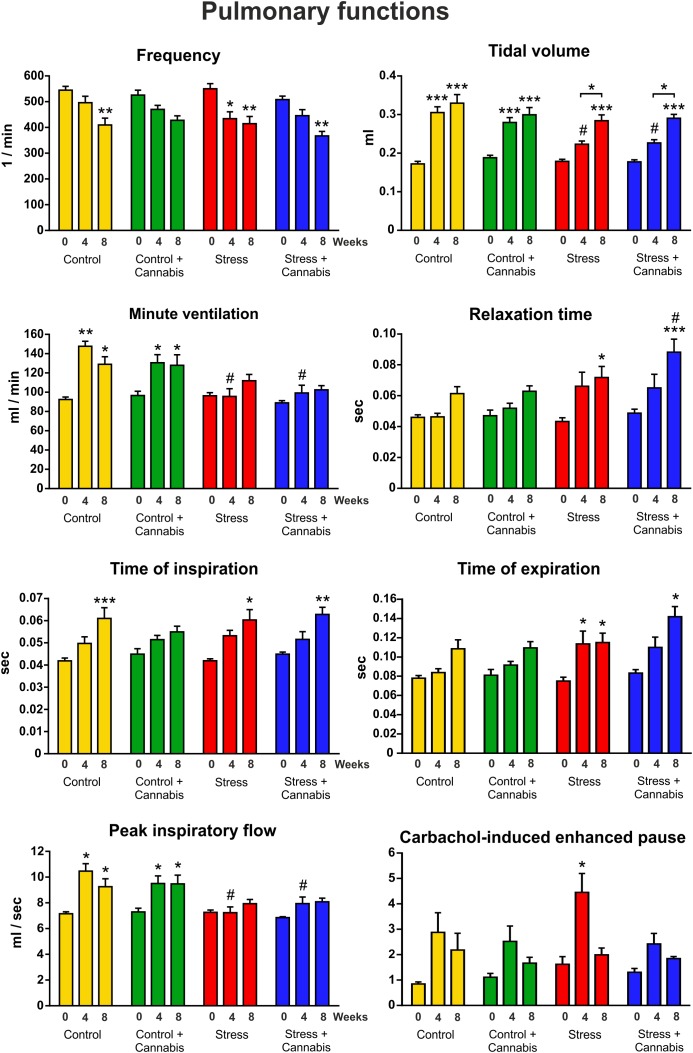 The effect of repeated stress and cannabis exposure on pulmonary functions. We did repetitive whole body plethysmography measurements on freely moving animals. Baseline values were recorded on Week 0, before the stress and cannabis exposure started and then subsequent measurements were done on Week 4 and Week 8 of the experimental procedures. Time (age) had the most pronounced effect on lung functions. As the animals grew bigger almost all values increased. Chronic stress significantly blocked the maturation of several lung parameters (minute ventilation, peak inspiratory flow and tidal volume) whereas, the relaxation time and the time of expiration were increased. Results of the three-way ANOVA (time × stress × cannabis treatment) showed a significant main effect of stress and significant time × stress interaction for these parameters. Marijuana smoke exposure affected only the carbachol-induced enhanced pause in breathing test. Tukey’s multiple comparisons revealed further group differences: ∗P < 0.05, ∗∗P < 0.01, ∗∗∗P < 0.001 compared to the value of Week 0 of the same treatment group. #P < 0.05 versus the Control group at the same experimental week.