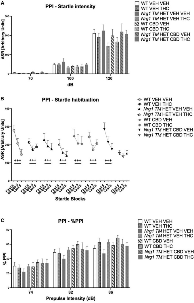 (A–C) Acoustic startle response and prepulse inhibition (PPI) after chronic CBD treatment and acute THC challenge: (A) average startle [ASR], (B) average first and last five startle responses (startle habituation), and (C) percentage PPI (% PPI) using 74, 82, and 86 dB prepulses expressed as mean ± SEM for either wild type-like (WT) or neuregulin 1 transmembrane domain heterozygous (Nrg1 TM HET) mice treated with vehicle (VEH) or cannabidiol (CBD), then later vehicle or Δ9-tetrahydrocannabinol (THC). RM effects showed animals startled more at a higher pulse, had higher PPI at a higher pulse, and habituated through the test to startle pulses (p’s < 0.001).