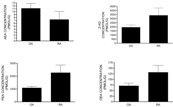 Levels of the endocannabinoids anandamide (AEA), 2-arachidonyl glycerol (2-AG), palmitoyl ethanolamide (PEA), and oleoyl ethanolamide (OEA) in the synovia of patients with either osteoarthritis (OA) (n = 14) or rheumatoid arthritis (RA) (n = 6). Data were analysed using the non-parametric Mann-Whitney test and are expressed as picomoles per gram.