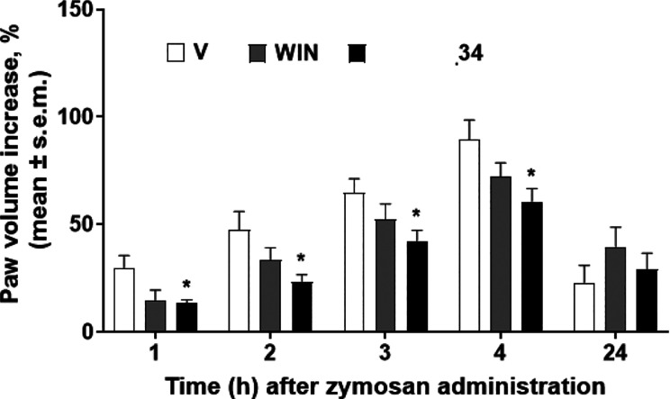 Effects of vehicle (V, saline containing 0.9% NaCl in the ratio DMSO:saline 1:3 (v/v)), WIN55,212-2 (WIN), and 34 on zymosan-induced paw edema. Zymosan (2.5% w/v in saline, 20 μL) was administered subcutaneously (s.c.) in the dorsal surface of the right hind paw. Drugs were administered s.c. in the dorsal surface of the right hind paw at the dose of 100 μg/20 μL, 15 min before zymosan. Paw volume was measured 1 h before zymosan and 1, 2, 3, 4, and 24 h thereafter. The paw volume increase was evaluated as the percentage between the paw volume at each time point and the basal paw volume. The results obtained are expressed as the mean ± SEM. *p < 0.05 vs V; N = 6.