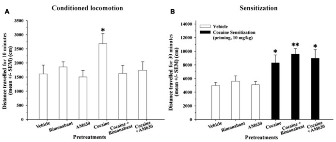 (A) Effects of repeated administration of cocaine and co-administration of cocaine (20 mg/kg) and Rimonabant (3 mg/kg) or AM630 (3 mg/kg) on the conditioned locomotion response measured in the OF test. Five days after the final cocaine injection, only the cocaine-treated group exhibited elevated conditioned locomotion responses compared to the vehicle group (*P < 0.05) after a vehicle injection. (B) Effects of repeated administration of cocaine and co-administration of cocaine (20 mg/kg) and Rimonabant (3 mg/kg) or AM630 (3 mg/kg) on cocaine-induced sensitization measured in the OF test. The repeated cocaine-treated groups (cocaine, cocaine + Rimonabant and cocaine + AM630) exhibited significantly enhanced cocaine-sensitized responses after receiving an acute challenge injection (priming, 10 mg/kg) compared to the groups that did not receive cocaine (vehicle, Rimonabant and AM630; *P < 0.05, **P < 0.01). All results are presented as the means ± the SEMs (n = 8/group).