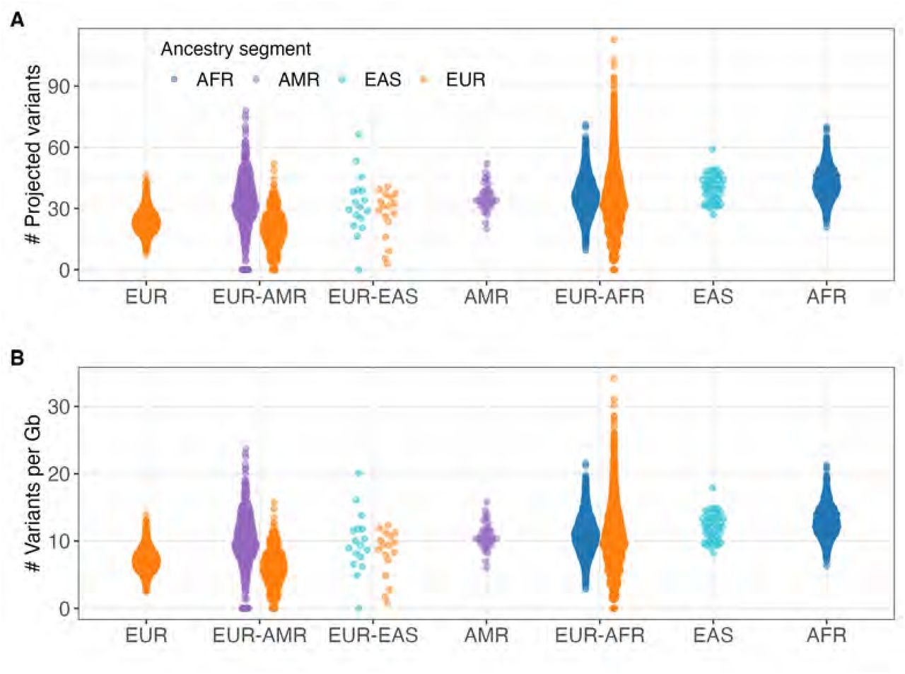 Counts per individual of rare deleterious variant by ancestry.Rare deleterious variants are defined as having alternate allele frequency <1% in the total BIG samples, and classified as high impact or missense with SIFT<0.05 and Polyphen>0.85. Variants counts take into account the inferred ancestry of the genomic tract in which they are located, therefore individuals in admixed groups are represented twice. In panel (A) counts per ancestry tract are normalized by the proportion of ancestry and therefore the y-axis represent the projection as the ancestry tract was as long as the whole genome. In panel (B) we report counts per Gb.