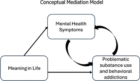Conceptual mediation model diagram with three labeled rectangles. Arrows indicate that meaning in life affects mental health symptoms, which in turn influence problematic substance use and behavioral addictions. Substance use then cycles back to mental health symptoms.
