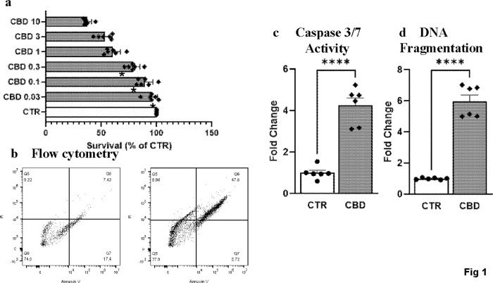Effect of CBD in PC3 prostate cancer cells survival and apoptotic pathways.(a) XTT assay demonstrated CBD (0.03–10 μM) dose-dependently reduced cell survivals at 48h. A significant difference was observed at 1, 3, and 10 μM doses only. (b) Flow cytometric analyses of PC3 cells treated with 10μM CBD. Significant increase in (c) caspase 3/7 activity and (d) DNA fragmentation after CBD treatment (10μM) for 48h. **** p<0.0001 CBD vs CTR, n = 6/group.