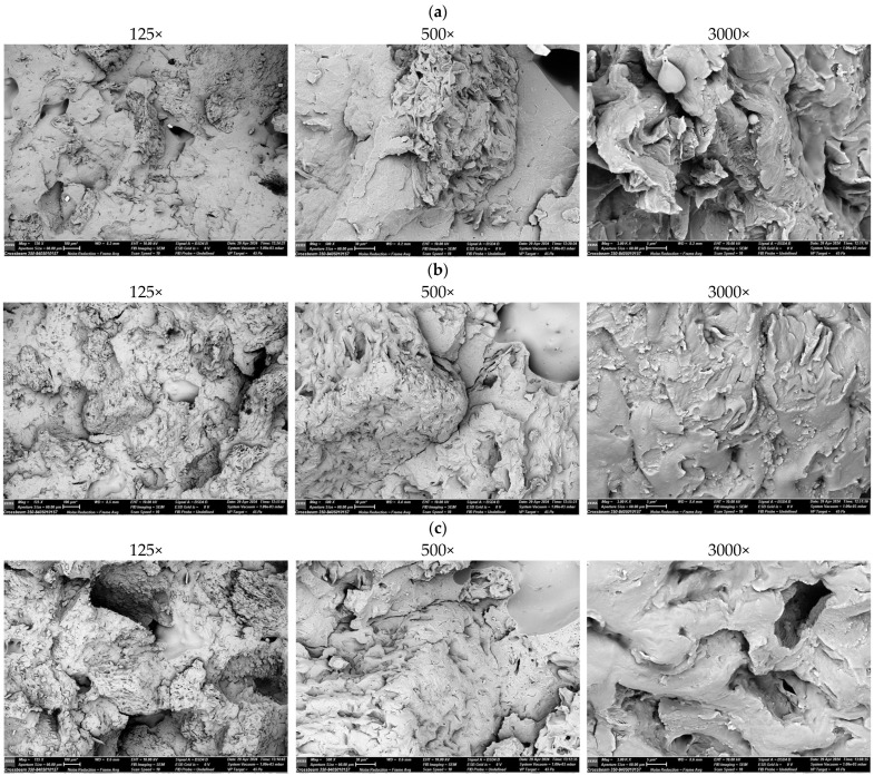 SEM micrographs of biocomposites at fractures containing: (a) 15 wt.% coffee grounds, (b) 30 wt.% coffee grounds, (c) 45 wt.% coffee grounds.