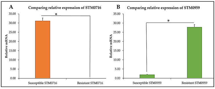 Relative expression of (A). STM0959 and (B). STM0716 in CBD-susceptible and CBD-resistant S. typhimurium, * p-values < 0.05.