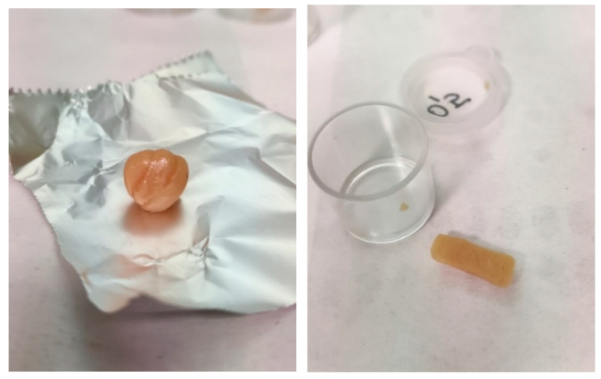 An amber, round-shaped hashish sample with a high THC concentration (51.2%).