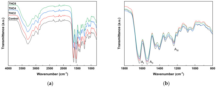 FTIR spectra of 3D-printed collagen scaffolds: (a) from 4000 to 750 cm−1; and (b) from 1800 to 750 cm−1.