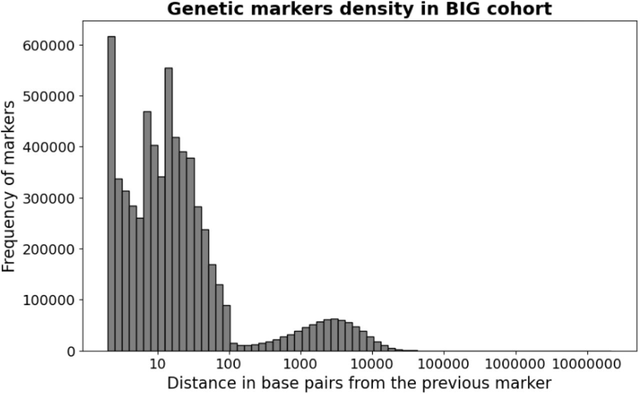 Distance between consecutive variable sites.Distribution of distances for all pair of variants. The distribution is multimodal, roughly corresponding to modal distance for markers in the coding (lower modes) and non-coding (higher mode) regions. Overall, the markers appear to be evenly distributed, indicating good coverage across the entire genome.